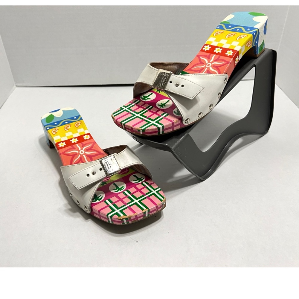 Vintage Dr Scholls White Leather Hand Painted Wooden Exercise Sandals Y2K Retro